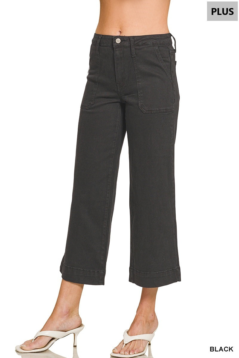 Plus Cropped Wide Leg Color Denim Pants in Black