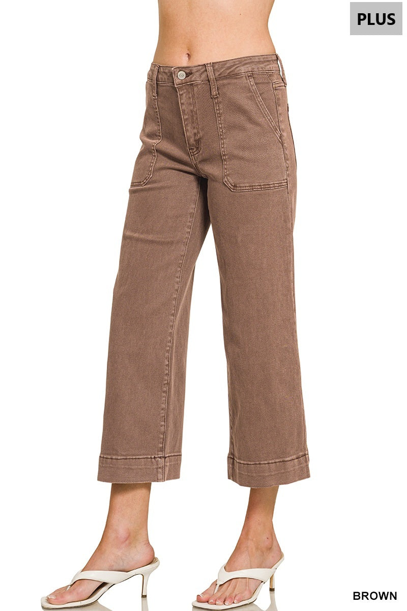 Plus Cropped Wide Leg Color Denim Pants in Cocoa front view