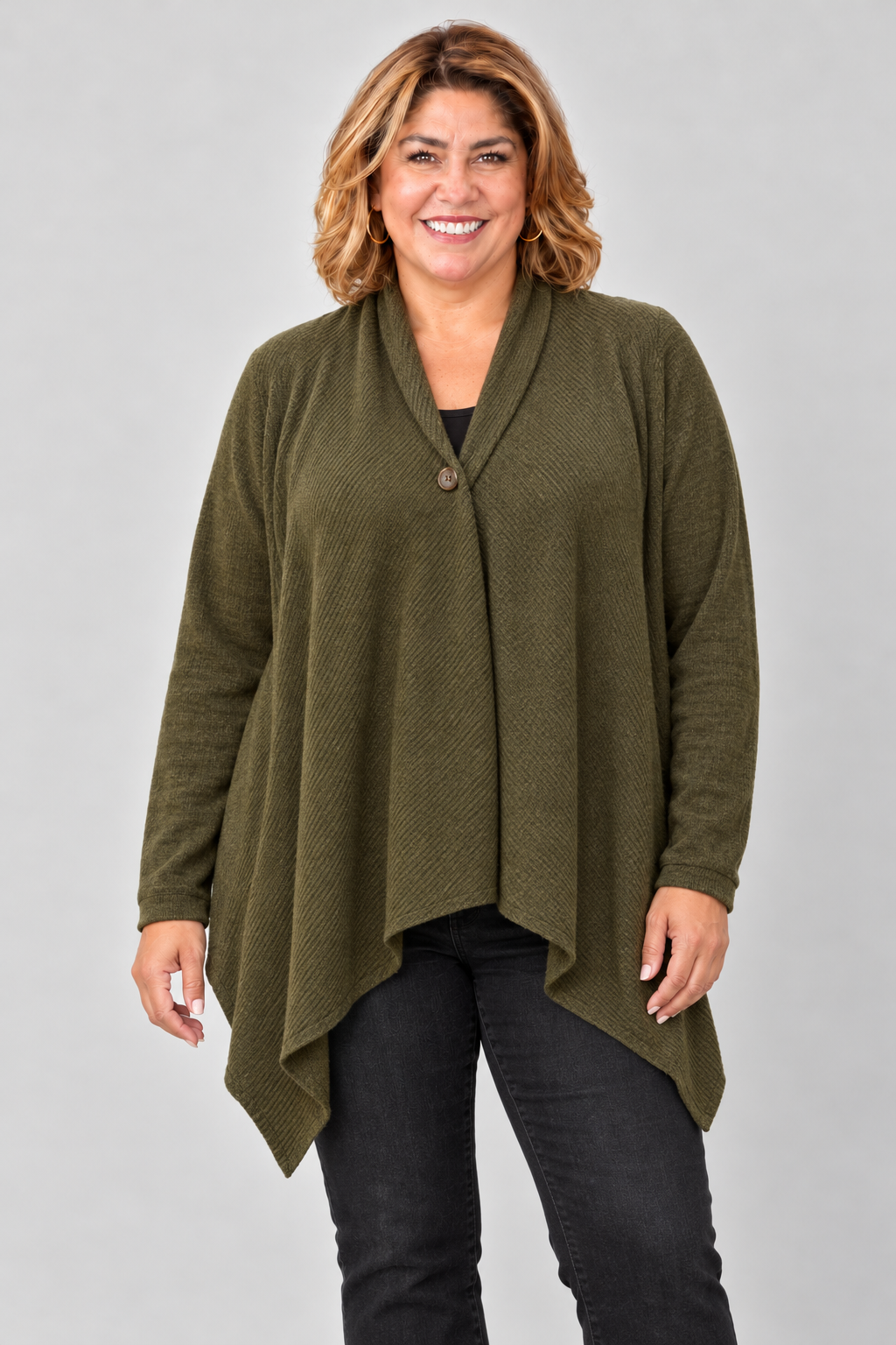 Waterfall Weekender olive cardigan styled with black jeans