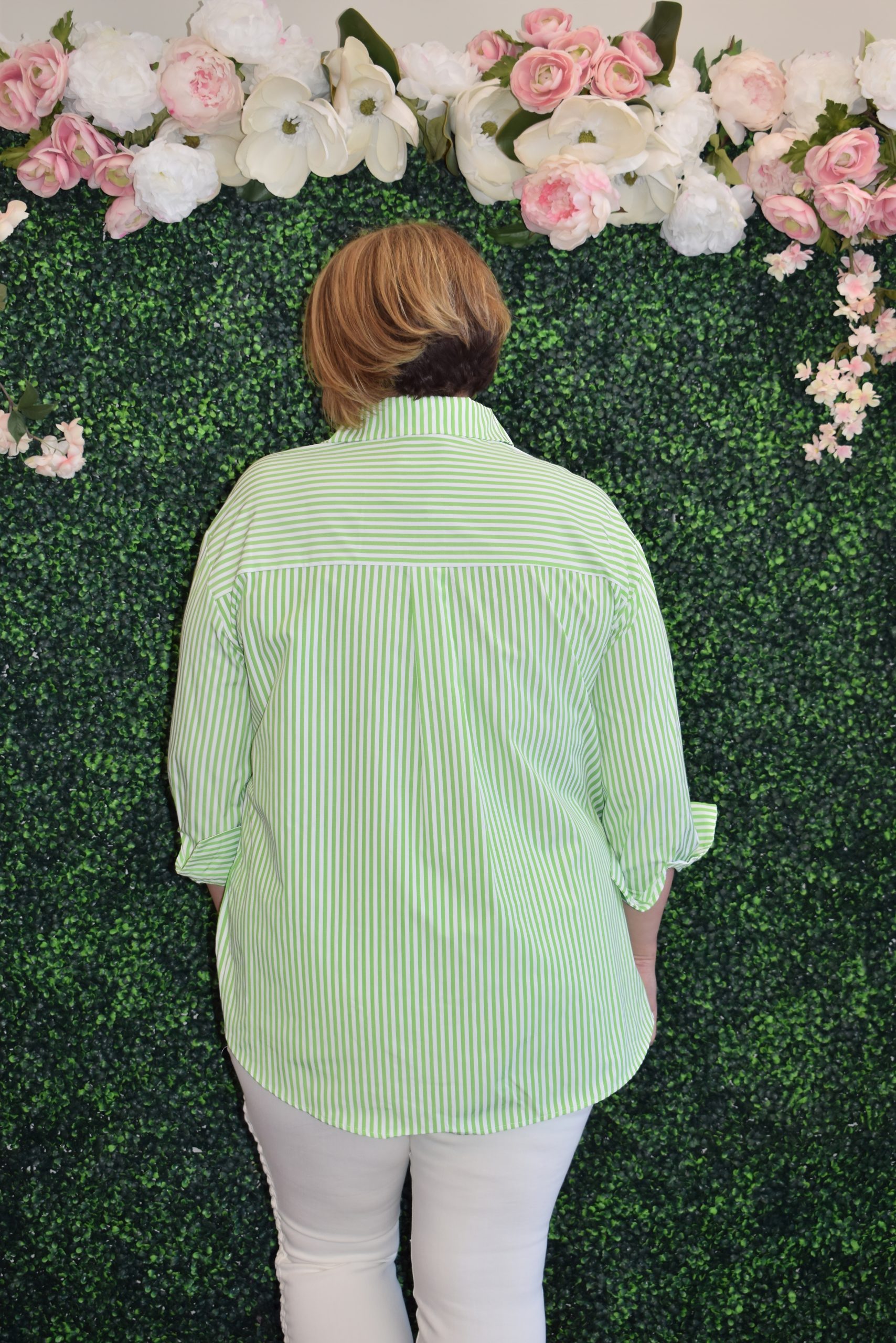 Apple Green Stripped Boyfriend Shirt-Plus Size-Botticelli RI