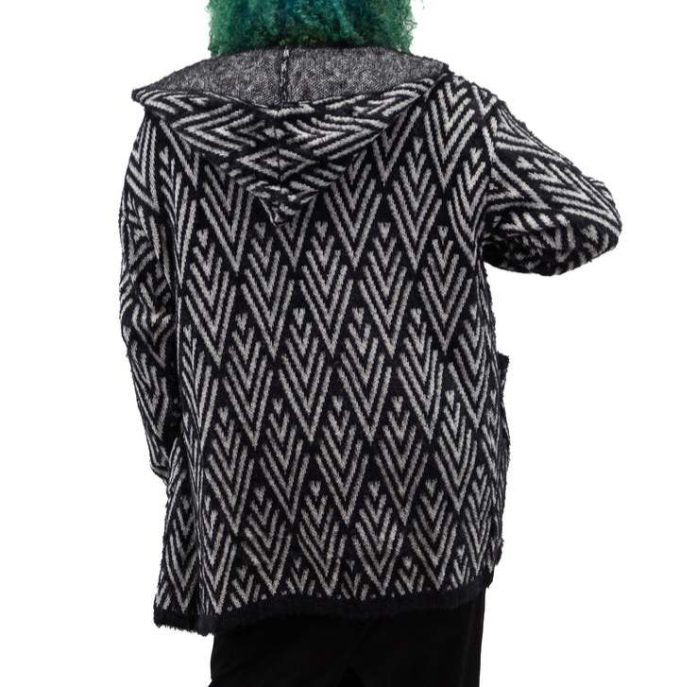 Plus Mid Size Black and White Fuzzy Cardigan with Hood