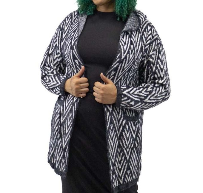 Plus Mid Size Black and White Fuzzy Cardigan with Hood