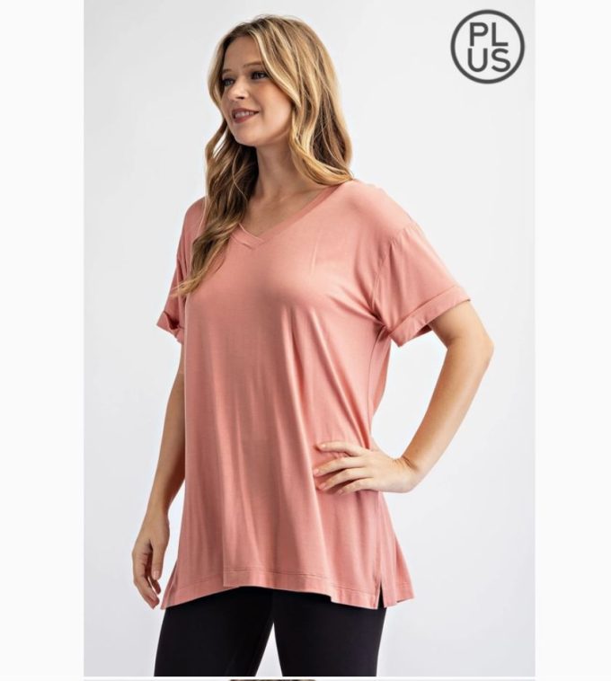 Plus V-Neck Rolled Sleeve Top (6 colors)