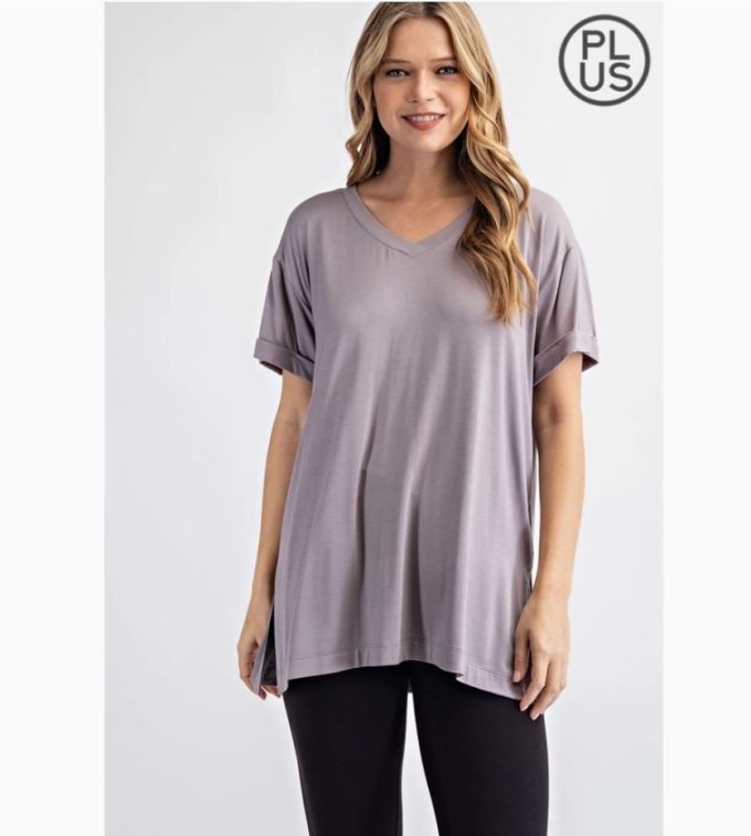 Plus V-Neck Rolled Sleeve Top (6 colors)