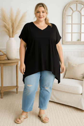 Plus V-Neck Rolled Sleeve Top