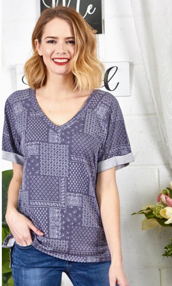 Plus Size Mid Size Blue Bandana Print Tee S-3x