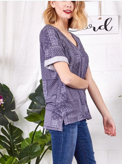 Plus Size Mid Size Blue Bandana Print Tee S-3x
