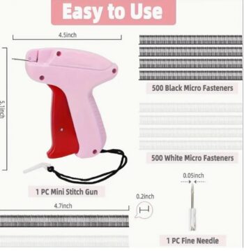 Pink mini stitch gun with 500 black and white micro fasteners and fine needle for clothing repairs and tagging.