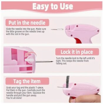 Step-by-step instructions showing how to insert the needle, lock it in place, and tag items using the mini stitch gun.