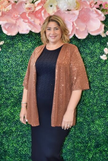 Plus size Dear Scarlett bronze sequin evening kimono open front jacket with short sleeves, available at Botticelli boutique
