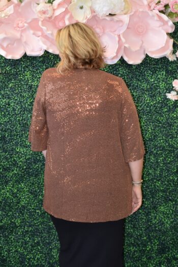 Back view of plus size Dear Scarlett bronze sequin evening kimono open front jacket, lightweight layering piece for special occasions