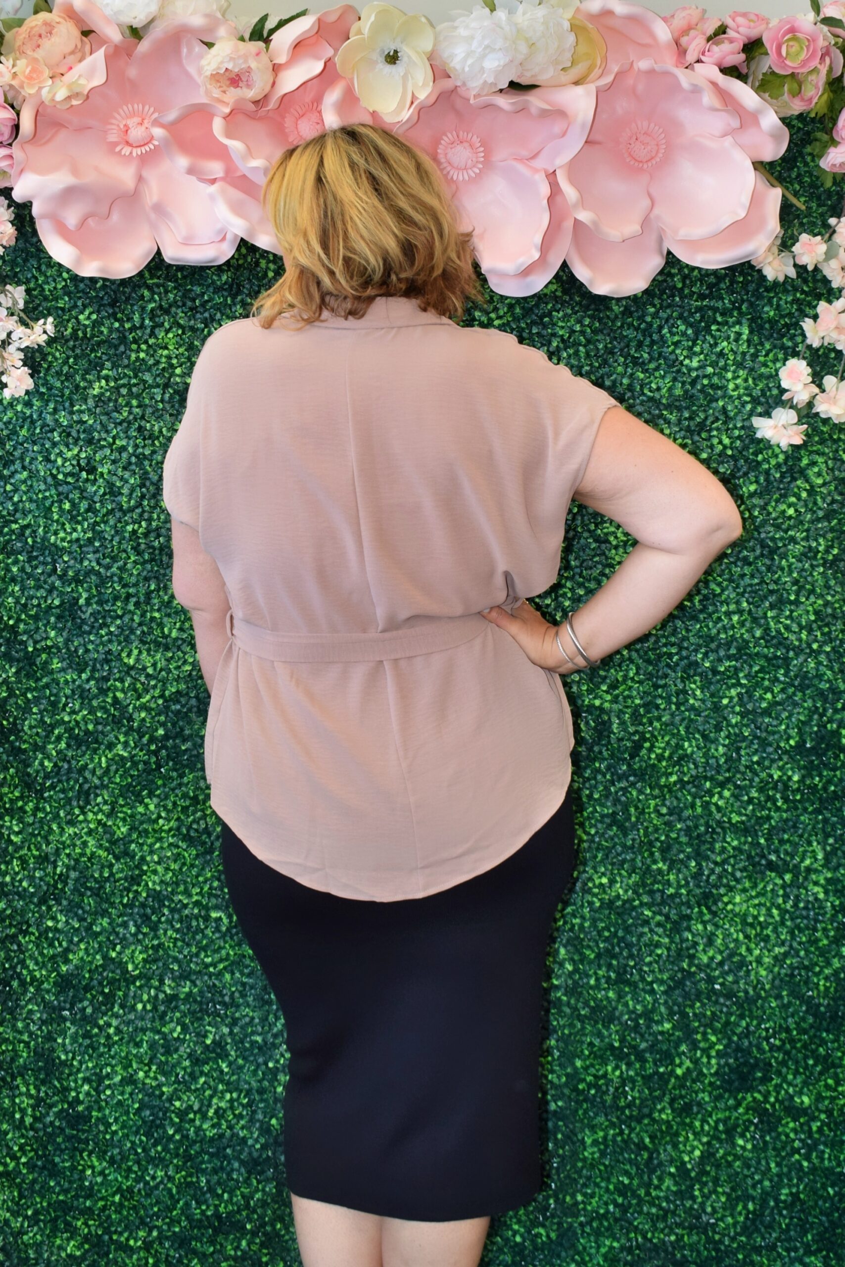 Collared Airflow Blouse with Waist Tie – Plus Size & Midsize Friendly in Blush, Taupe, and White