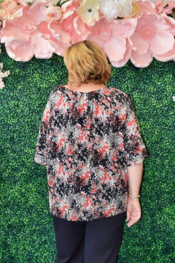 Close-up of Dear Scarlett plus size berry print top with flutter sleeves and flowy silhouette.
