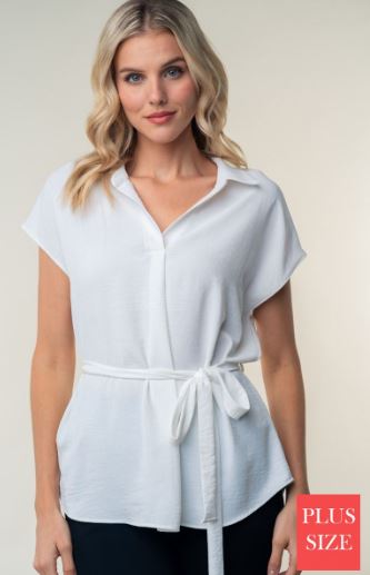 Collared Airflow Blouse with Waist Tie – Plus Size & Midsize Friendly in Blush, Taupe, and White
