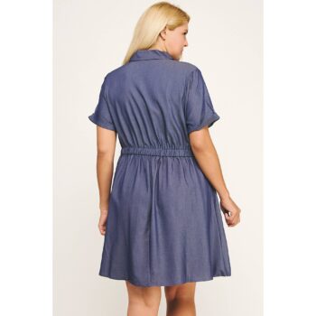 Back view of the Sloane silky chambray dress with elastic waist and short sleeves in dark wash