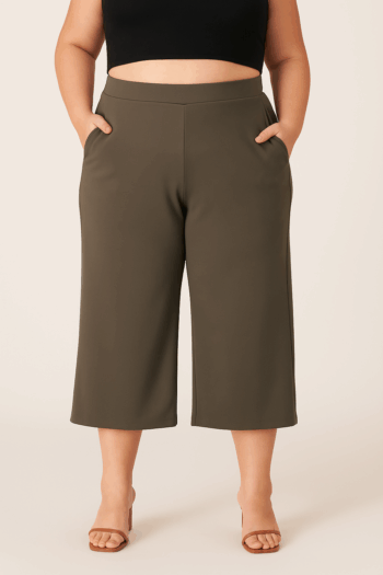 Front view of plus size charcoal gray cropped straight-leg pants with pockets, petite-friendly fit, available in sizes 1X–3X.