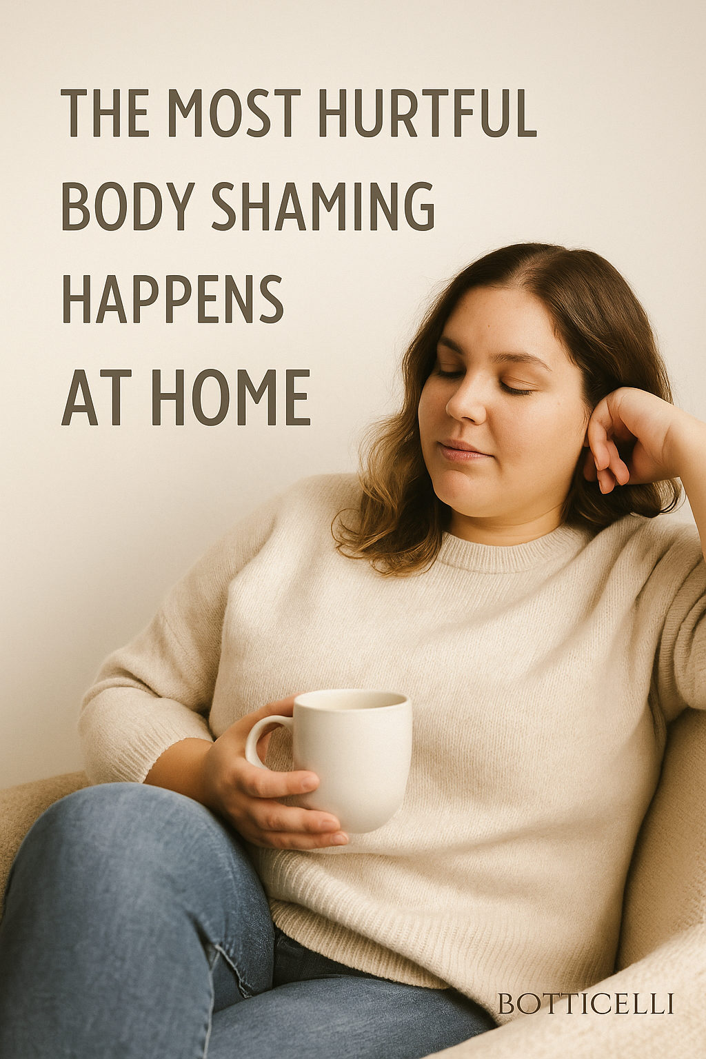 A plus-size woman sits comfortably in a beige armchair, wearing a cozy cream sweater and jeans, holding a white mug and softly smiling. Overlay text reads “The Most Hurtful Body Shaming Happens at Home.” This image promotes Botticelli’s blog about toxic body shaming from family, body confidence, and mental health awareness.
