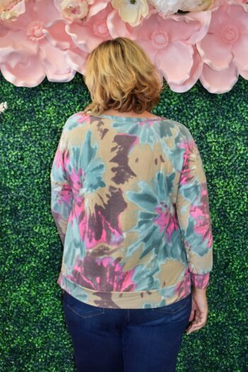 Back view of plus size model in Dear Scarlett Olive Tie Dye Weekender Top, lightweight knit pullover.