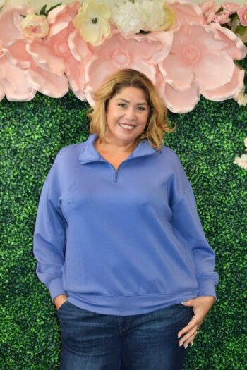 Front view of plus-size woman wearing a periwinkle Half Zip Scuba Sweatshirt with pockets, casual cozy style, sizes S-3X.