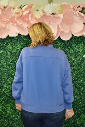 Back view of periwinkle Half Zip Scuba Sweatshirt, relaxed fit with zip neckline, available in sizes S-3X.