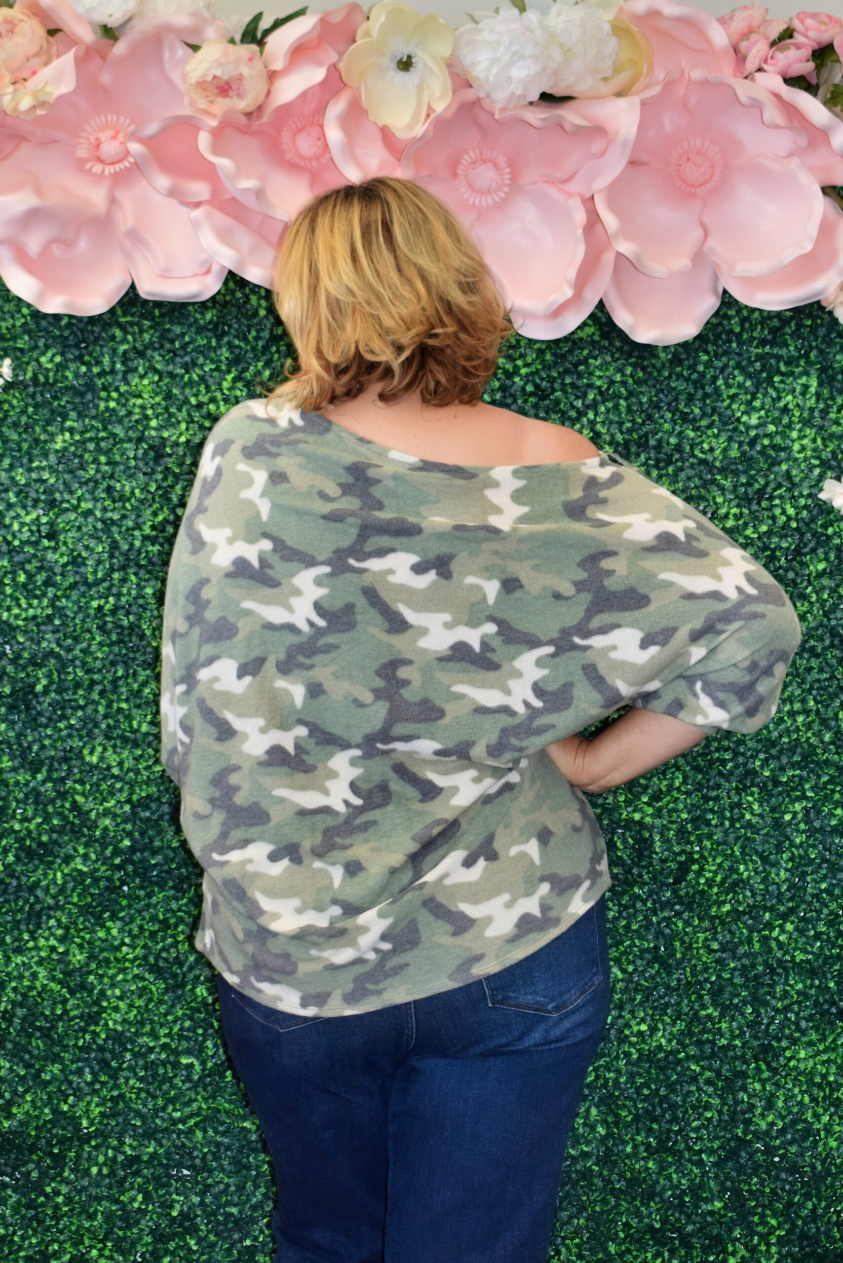 Plus/Mid Size Hacchi Green Camo Dolman Sleeve Top