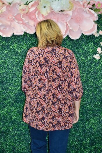 Back view of Dear Scarlett paisley cardigan showing lightweight wrinkle-free fabric and flowing silhouette in sizes S-3X.