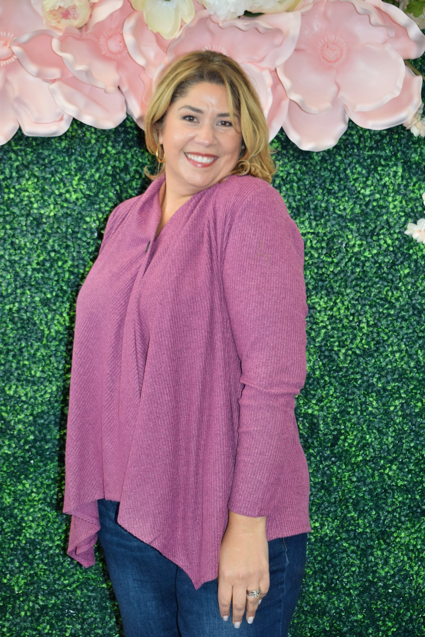 Plus-size model wearing the Dear Scarlett Button Cozy Cardigan in Mulberry Rose. Soft, lightweight, open-front cardigan with a single button closure. Available in sizes S-3X.