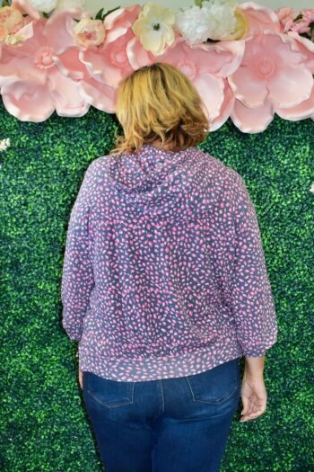 Back view of the Dear Scarlett Weekender Hoodie Top in navy with pink speckle print, showcasing the lightweight knit and casual everyday style.