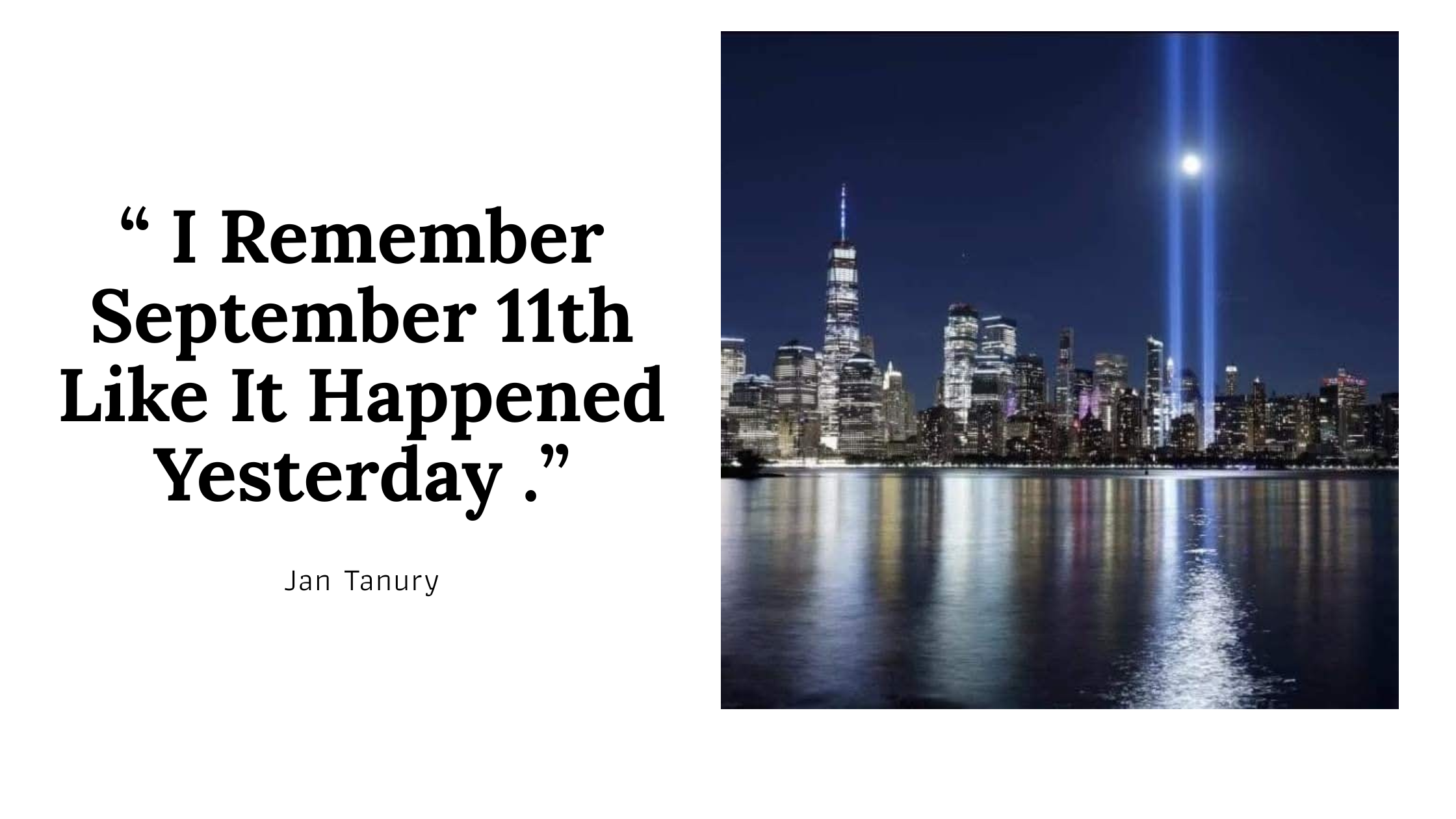 Tribute in Light memorial shining over New York City skyline on September 11th remembrance.