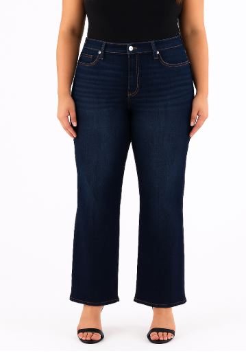 Front view of RFM Hailey Straight Leg Jeans in dark wash, plus size model wearing denim in sizes 14W–24W.