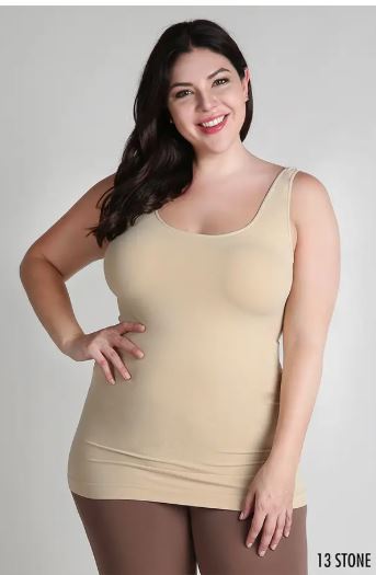 Plus size smoothing cami tank top in tan – lightweight, perfect for layering and smoothing under clothes.