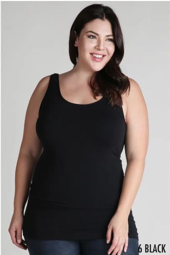 Plus size smoothing cami tank top in black – one-size stretch fit for layering and smoothing.