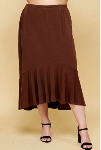 Front view of plus size French terry mermaid skirt in chocolate, midi length with flowy hem.