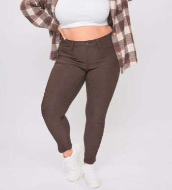 Plus size YMI clove hyperstretch pants styled with a plaid flannel and sneakers.