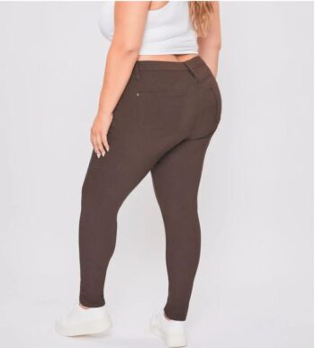 Plus size YMI clove hyperstretch pants styled with a plaid flannel and sneakers.