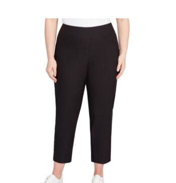 Front view of plus size silky tech ankle pants in black with faux zip-front and ankle length