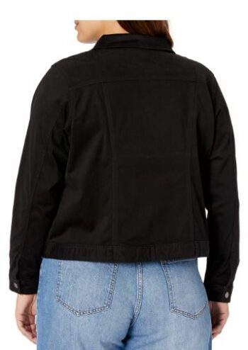 Back view of Skye’s the Limit Onyx black denim jacket, showcasing flattering seams and classic cut.