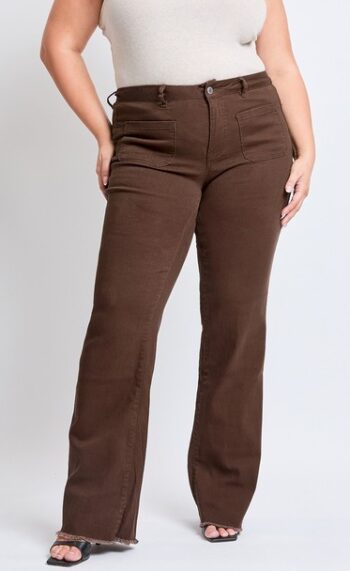 Plus Size Stella Wide-Leg Jean in Chicory Brown with tummy control waist panel and snip-to-fit hem, available in sizes 14W–24W.