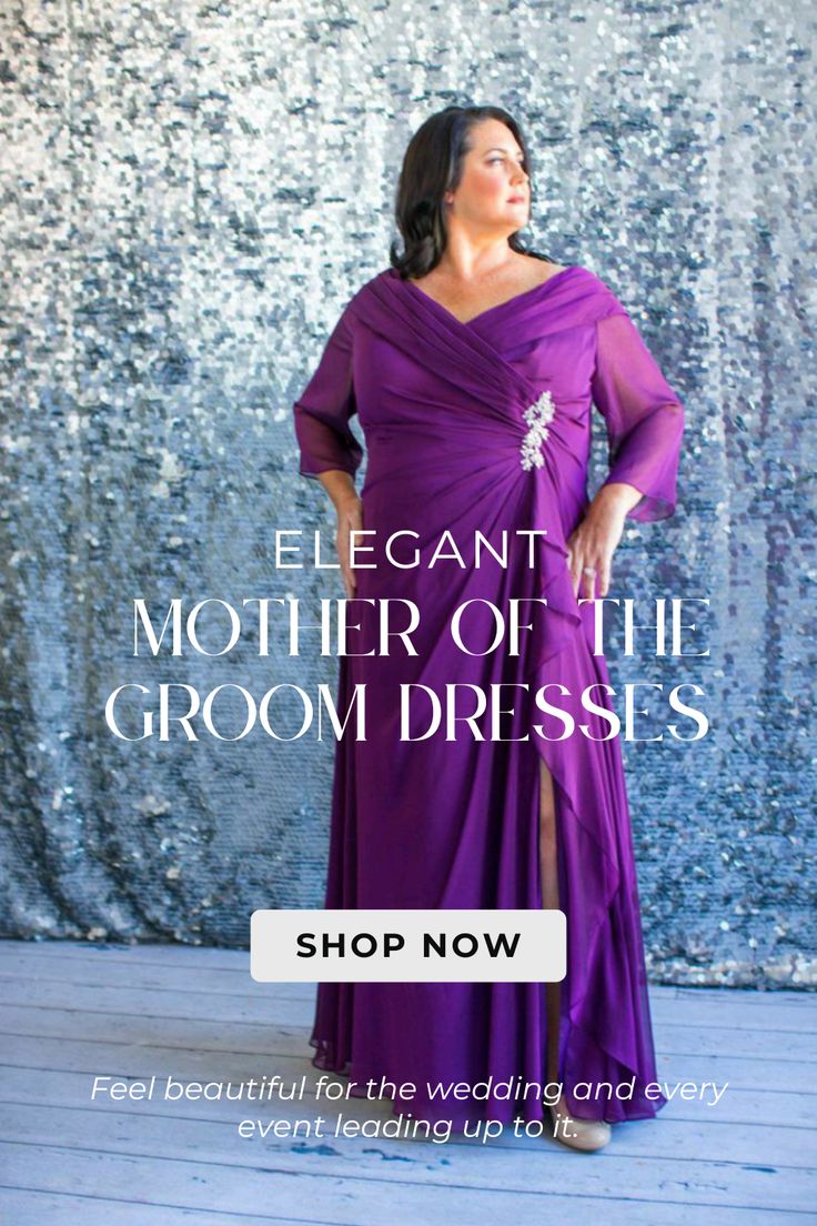 Plus-size woman wearing an elegant purple evening gown with sheer sleeves and crystal embellishment, showcasing Botticelli Boutique’s Mother of the Groom dress collection.