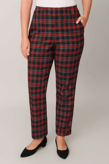 Front view of plus size red and black plaid Millennium pants featuring tummy control, stretch fit, and functional pockets. Available 1X–3X at Botticelli Boutique.