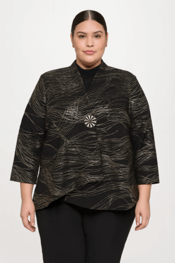 Front view of a woman wearing the Lila Jacket in black with metallic gold swirl pattern, featuring 3/4 sleeves and a statement button.