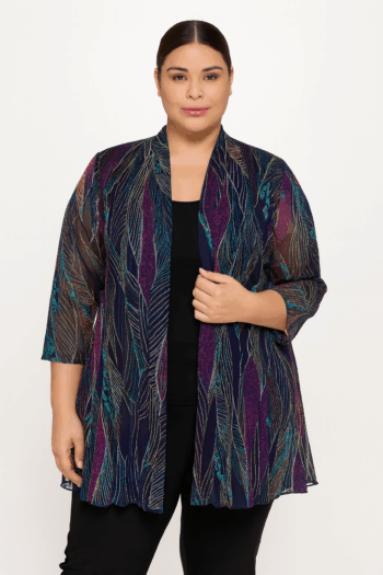 Plus-size woman wearing the Caliope Metallic Mesh Jacket in shimmering jewel tones with an open-front design and 3/4 sleeves, shown from the front.