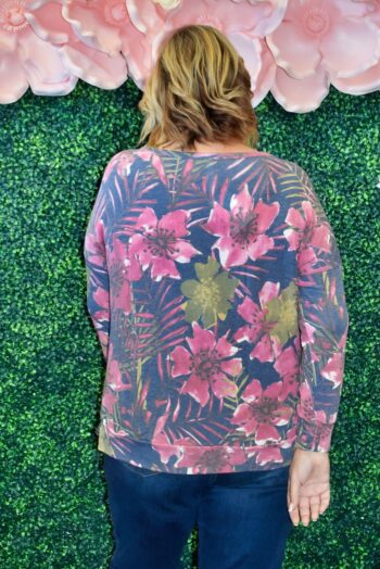 Plus size Dear Scarlett Isla floral French terry top with mauve trim, soft and cozy weekend top available in S–3X back