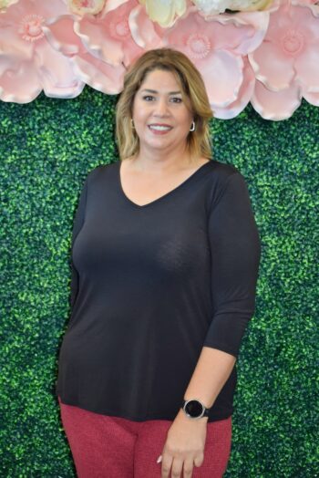 Dear Scarlett Basic V-Neck Top in black wrinkle-free stretch knit, 3/4 sleeve plus size top available in XL–3X front