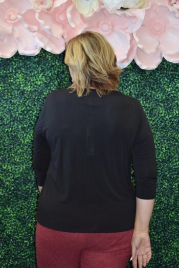 Dear Scarlett Basic V-Neck Top in black wrinkle-free stretch knit, 3/4 sleeve plus size top available in XL–3X back