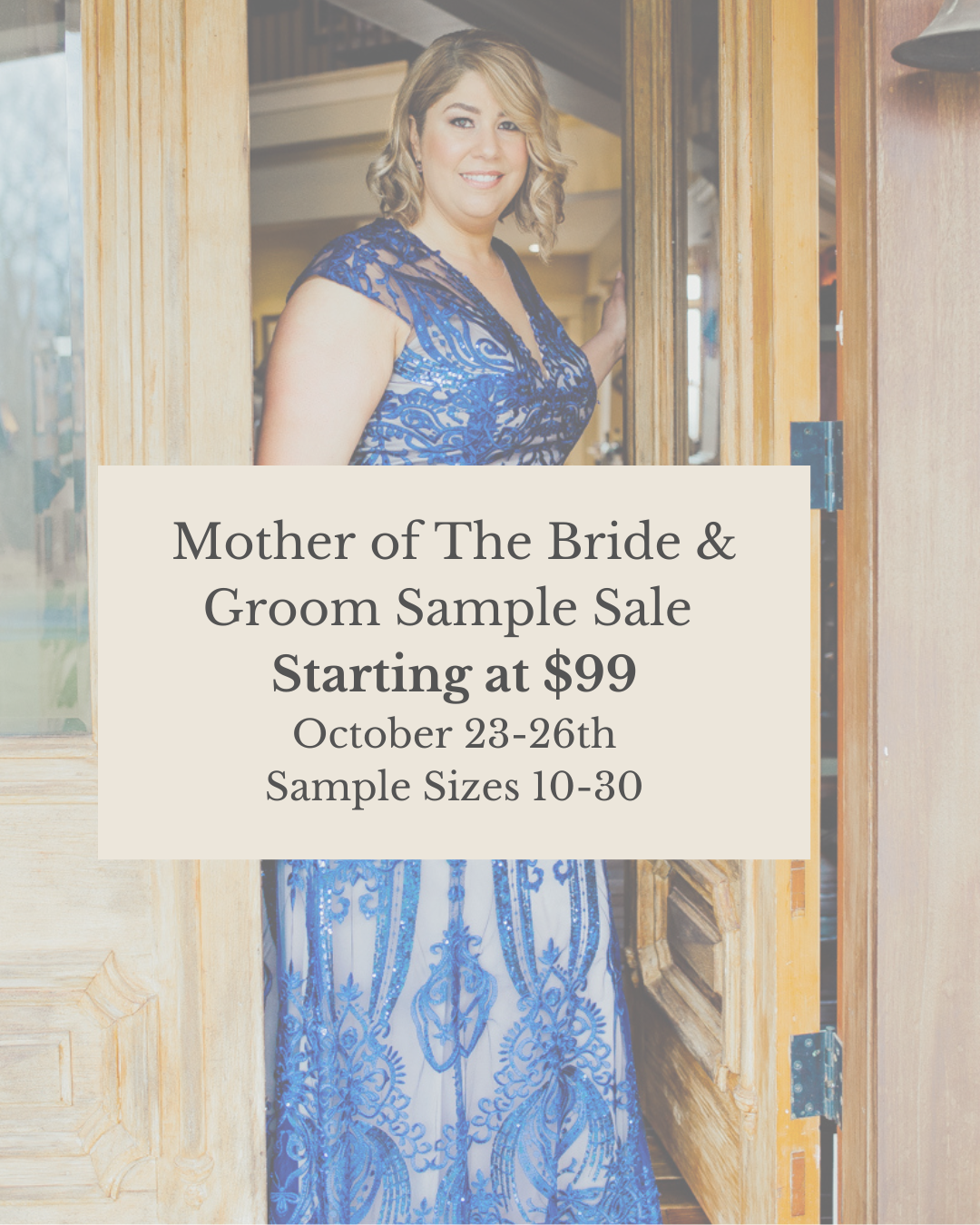Plus size woman wearing an elegant royal blue lace gown at Botticelli Boutique’s Mother of the Bride & Groom Sample Sale in Smithfield, Rhode Island. Text overlay reads “Starting at $99 | October 23–26 | Sample Sizes 10–30.”