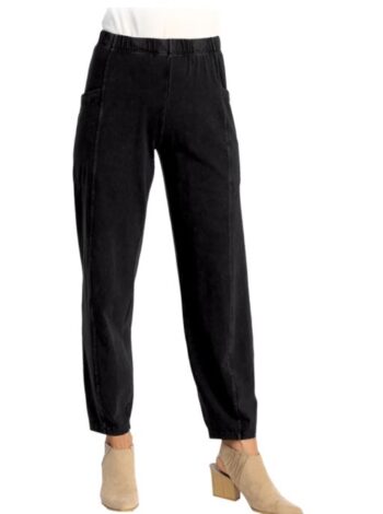 Plus-size black cotton blend pull-on pants with pockets by Jess & Jane, shown with neutral top and ankle boots.
