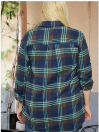 Back view of a plus-size blue and brown plaid button-up shirt showing relaxed fit and curved hem, available in sizes S-3X at Botticelli Boutique.