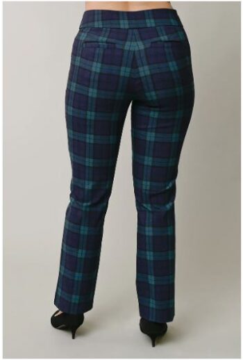 Back view of plus size navy and green tartan plaid millennium pants featuring a classic straight-leg cut and comfortable pull-on waistband, available at Botticelli Boutique in sizes 1X–3X.