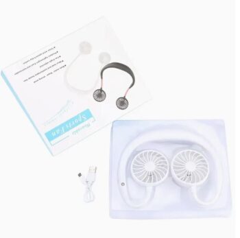 Packaged white portable neck fan with USB charging cable and product box labeled “Sports Fan.”